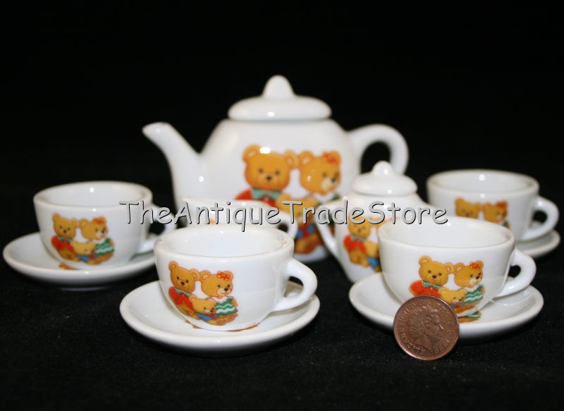 Ceramic Doll tea set in weave wicker picnic basket