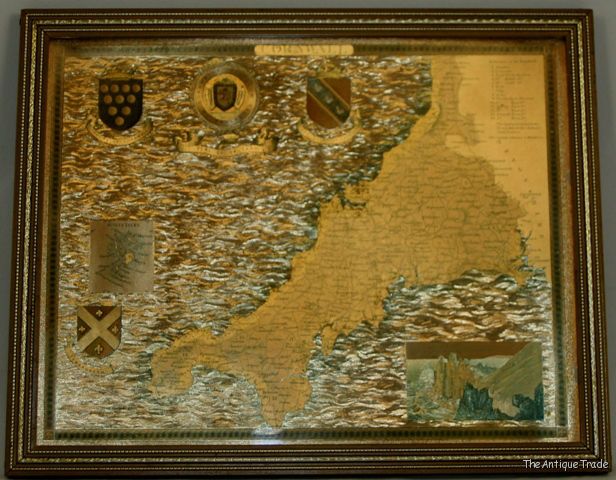 Framed Vintage 1970s print of Cornwall map on golden foil paper