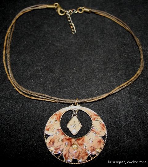 Vintage pendant enamel with rhinestones waxed cord je44