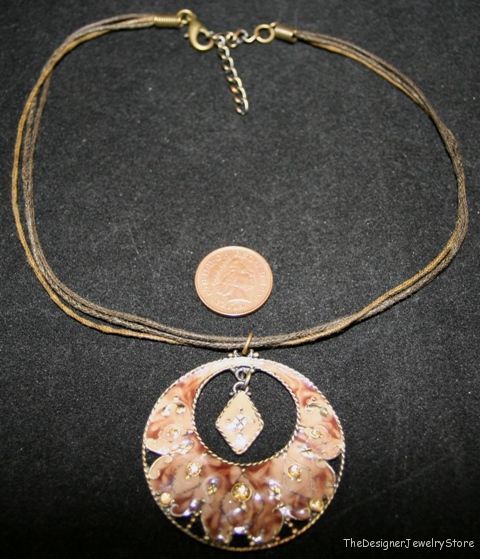 Vintage pendant enamel with rhinestones waxed cord je44