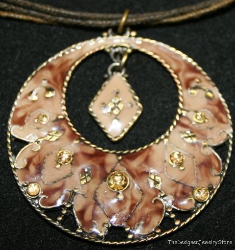 Vintage pendant enamel with rhinestones waxed cord je44
