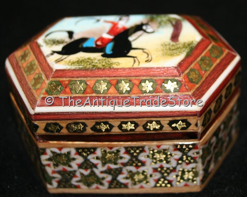 Wood Trinket box  inlay with hand painted enamel Miniature