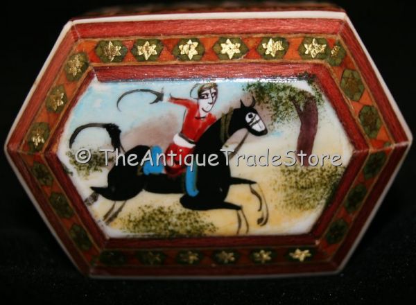 Wood Trinket box  inlay with hand painted enamel Miniature