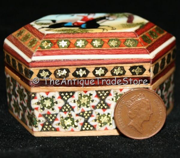 Wood Trinket box  inlay with hand painted enamel Miniature