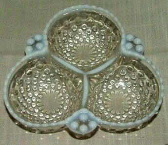 1950 Fenton Opalescent Hobnail 3 Part Relish Dish