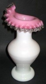Vintage Fenton Case Glass Pink & White Vase Ruffled Edge