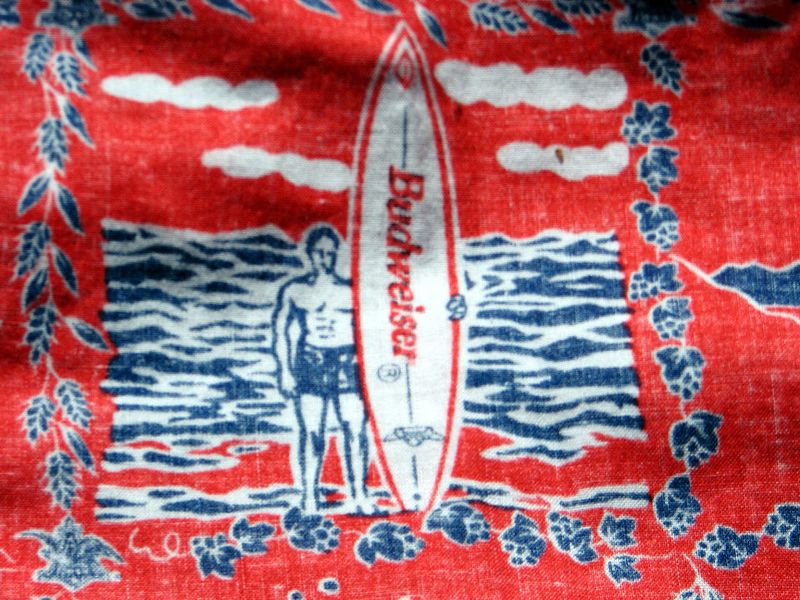 Vintage 60s Budweiser Surfing Hawaiian Shirt Close up