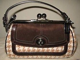Coach Framed Brown Kiss Lock Houndstooth Purse Satchel