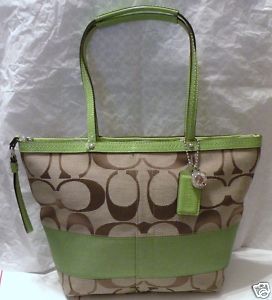 Coach Signature Stripe Tote Purse Green-Khaki 13548