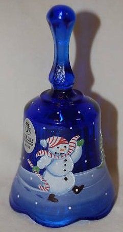 Fenton Blue Christmas Dinner Bell Hand Painted Snowman