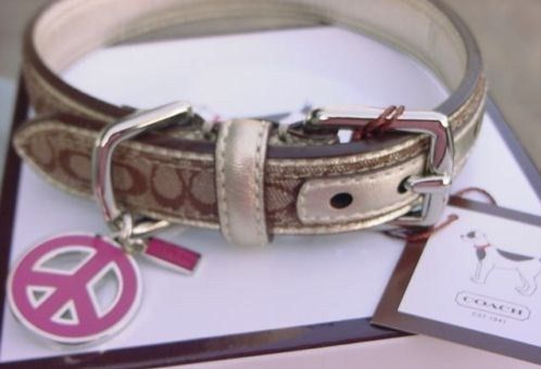 Coach Mini Signature Khaki Dog Collar w/ Peace Sign Charm
