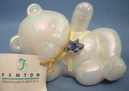 Fenton Art Glass Reclining Opalescent Bear With Blue Rose