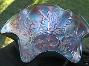 Fenton Carnival Art Glass Green Ruffled Bowl Thistle