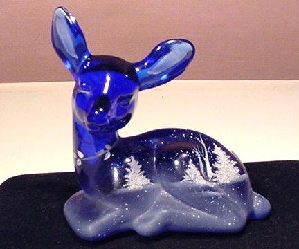 Fenton Cobalt Blue Hand Painted Glass Deer Christmas Figurine