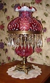 Fenton Cranberry Daisy Fern Lamp with Prisms