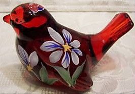 Fenton Glass Ruby Red Hand Painted Floral Bird