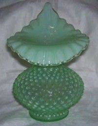Fenton Green Opalescent Hobnail Jack in the Pulpit Vase