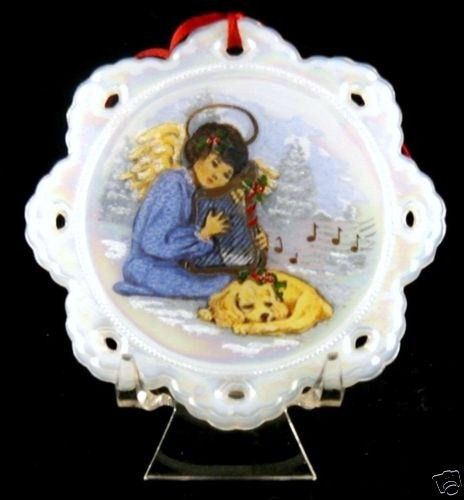 Fenton Hand Painted 1991 Angel Puppy Christmas Ornament