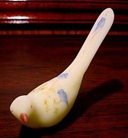 Fenton Hand Painted Bluebirds on Custard Satin Happiness Bird