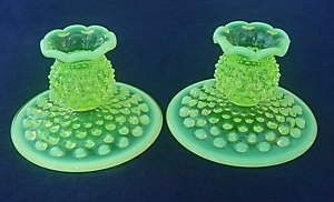 Fenton Hobnail Opalescent Vaseline Candlestick Holders