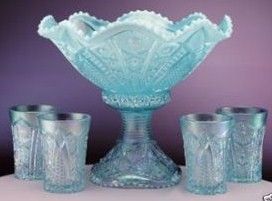 Fenton Hobstar Aquamarine Opalescent Punch Bowl Set