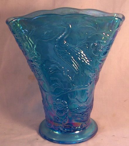Fenton Peacock in garden fan vase celeste blue carnival