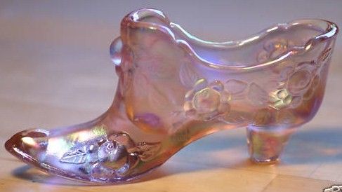 Fenton Pink Iridescent Rose Pattern Glass Shoe