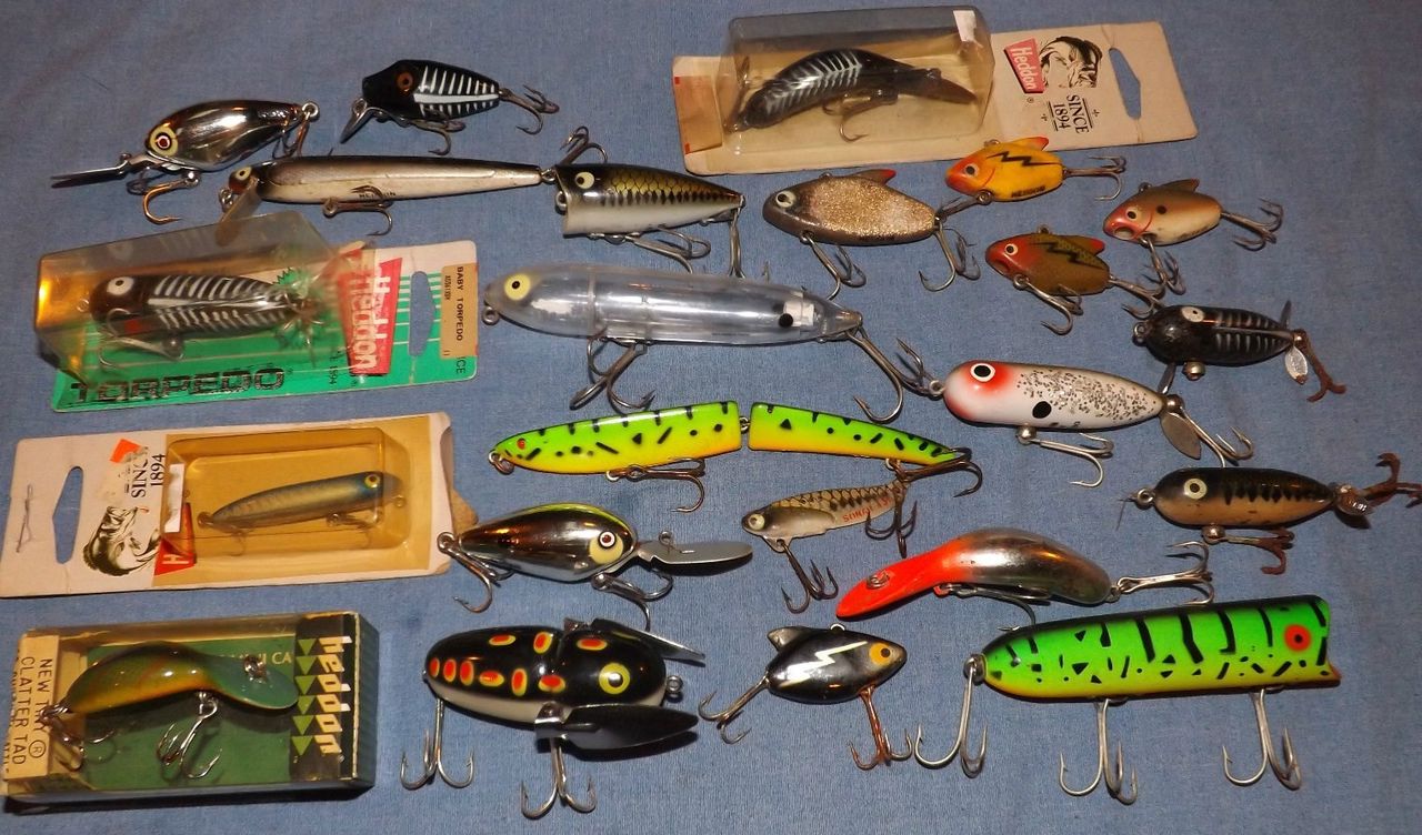 Lg Lot of Vintage Heddon Fishing Lures in Boxes/Spook-Sonic-Tad Crawler-Pooch