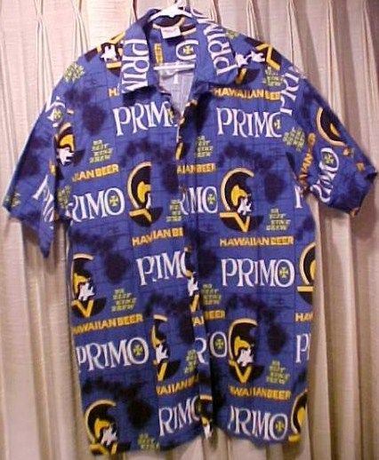 Primo Beer Vintage Blue Hawaiian Barefoot Aloha Shirt