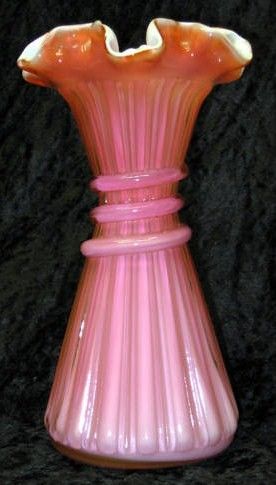 Vintage Fenton Rose Overlay Cased Glass Wheat Vase 1941
