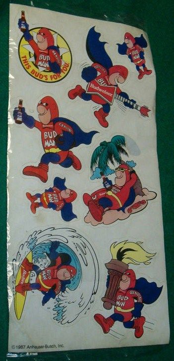 Vintage 1987 Bud man Sheet of Stick-on/Stickers Vintage 1987 Bud man Sheet of Stick-on/Stickers
