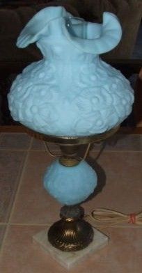 Vintage Blue Satin Fenton Student Lamp Poppy Design