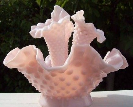 Vintage Fenton Epergne Vase Pink Rose Pastel Hobnail