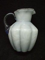 Vintage Fenton Glass Fern Blue Overlay Handled Pitcher