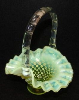 Vntage Fenton Hobnail Yellow Opalescent Glass Basket