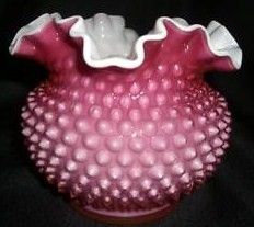 Vintage Fenton Rose Pink Cased Hobnail Ruffled Vase