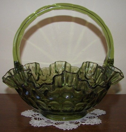 Vintage Fenton Thumbprint 60s Colonial Green Basket