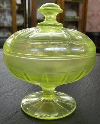 Vintage Fenton Vaseline Stretch Glass Candy Dish with Lid