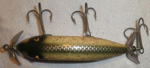 Vintage Heddon Injured Minnow Lure Green-White Scale w/Sparkle