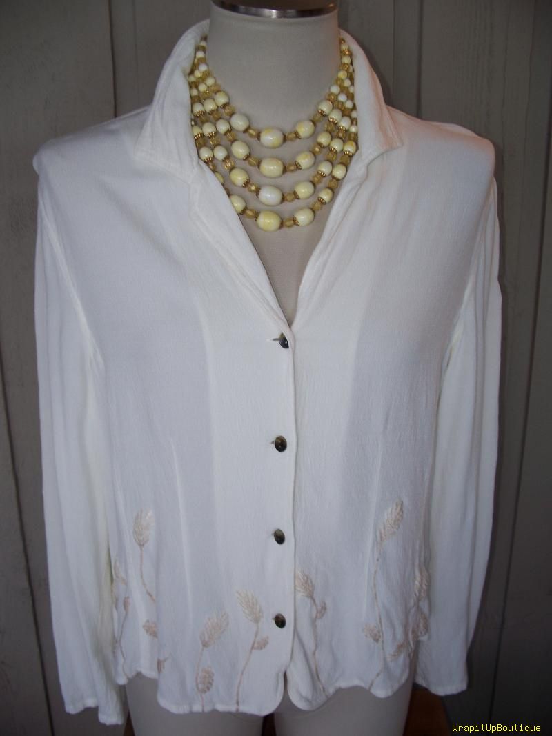 J. Jill Jacket 16 White LiteWeight Rayon Embroidery WOW