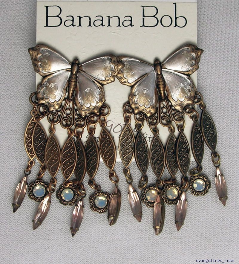 BANANA BOB Handpainted BUTTERFLY Crystal Dangle Earring