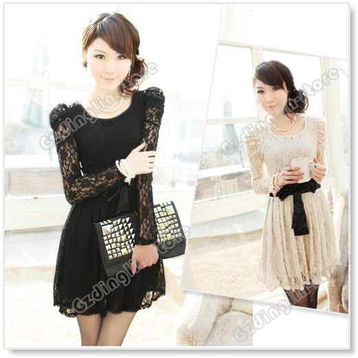 Sexy Long Sleeve Corset Bowknot Lace Mini Dress #081