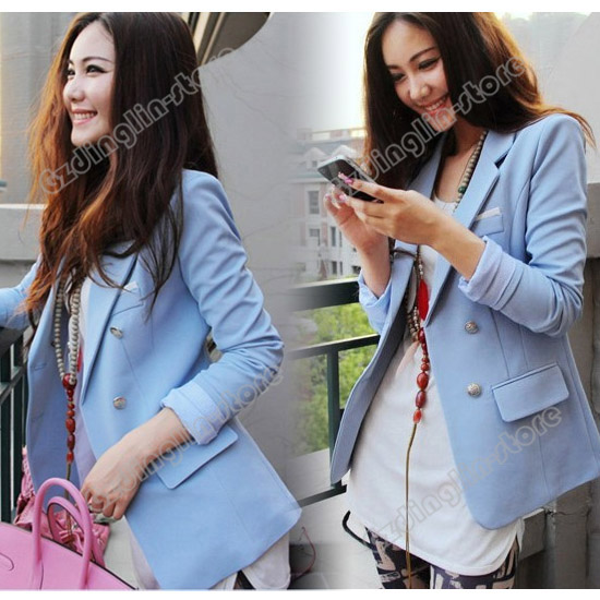 Womens-Long-Sleeve-Double-Breasted-Slim-Suit-Blazer-Small-Jacket-Coat-Blue-658