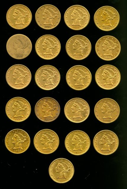 Huge 21 Coin Lot $5 Liberty Gold~1880-1908~XF-BU