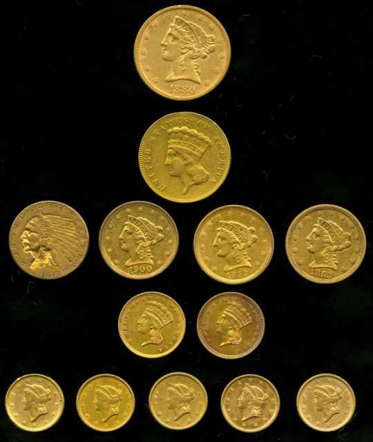 13 Coin Lot-$5,$3,$2.5,$1 Gold~1853-1913~XF-AU+
