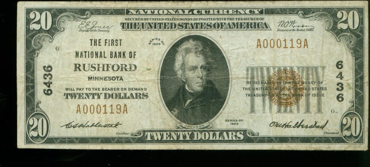 $20 1929 CH#6436~Rushford, MN ~XF~5 Known~3 Lost?
