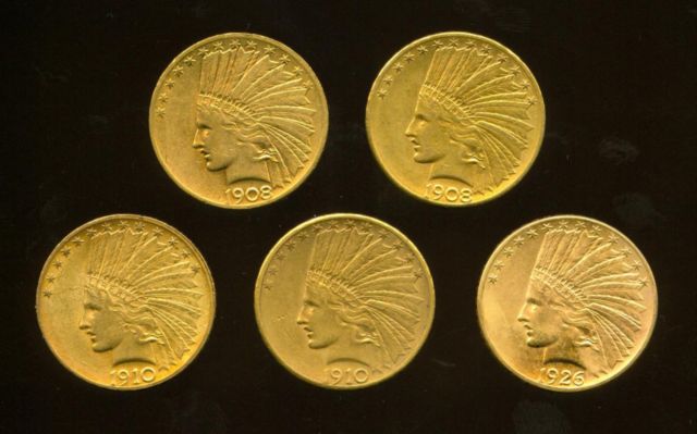 5 Coin Lot Of $10 Indians~1908-1926~BU+ BLAZERS~
