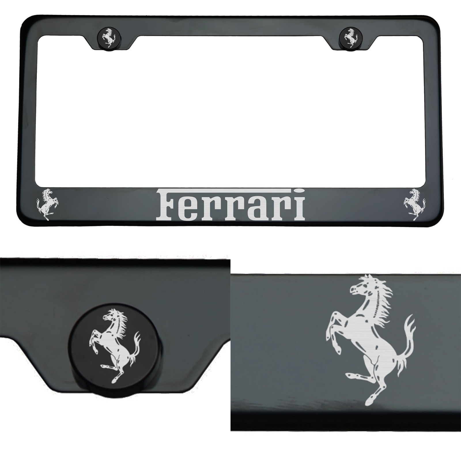304 Black Chrome License Plate Frame Stainless Steel Silver Ferrari