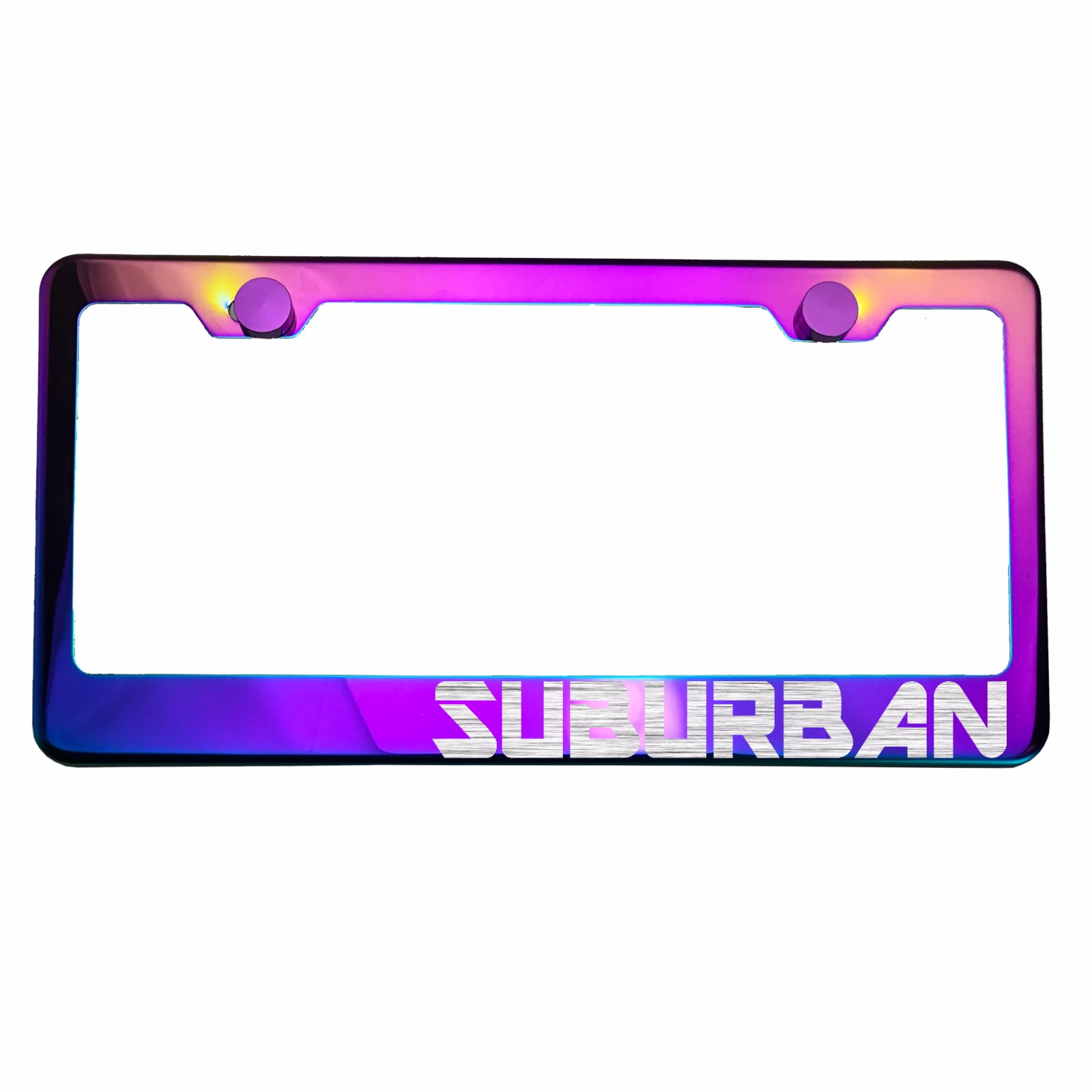 Neo Neon Chrome License Plate Frame MALIBU Laser Etched Metal Screw Cap