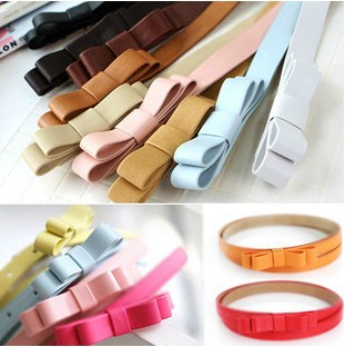 Women-sweet-candy-double-bow-PU-leather-belt-Skinny-thin-belt-7-colors-100cm